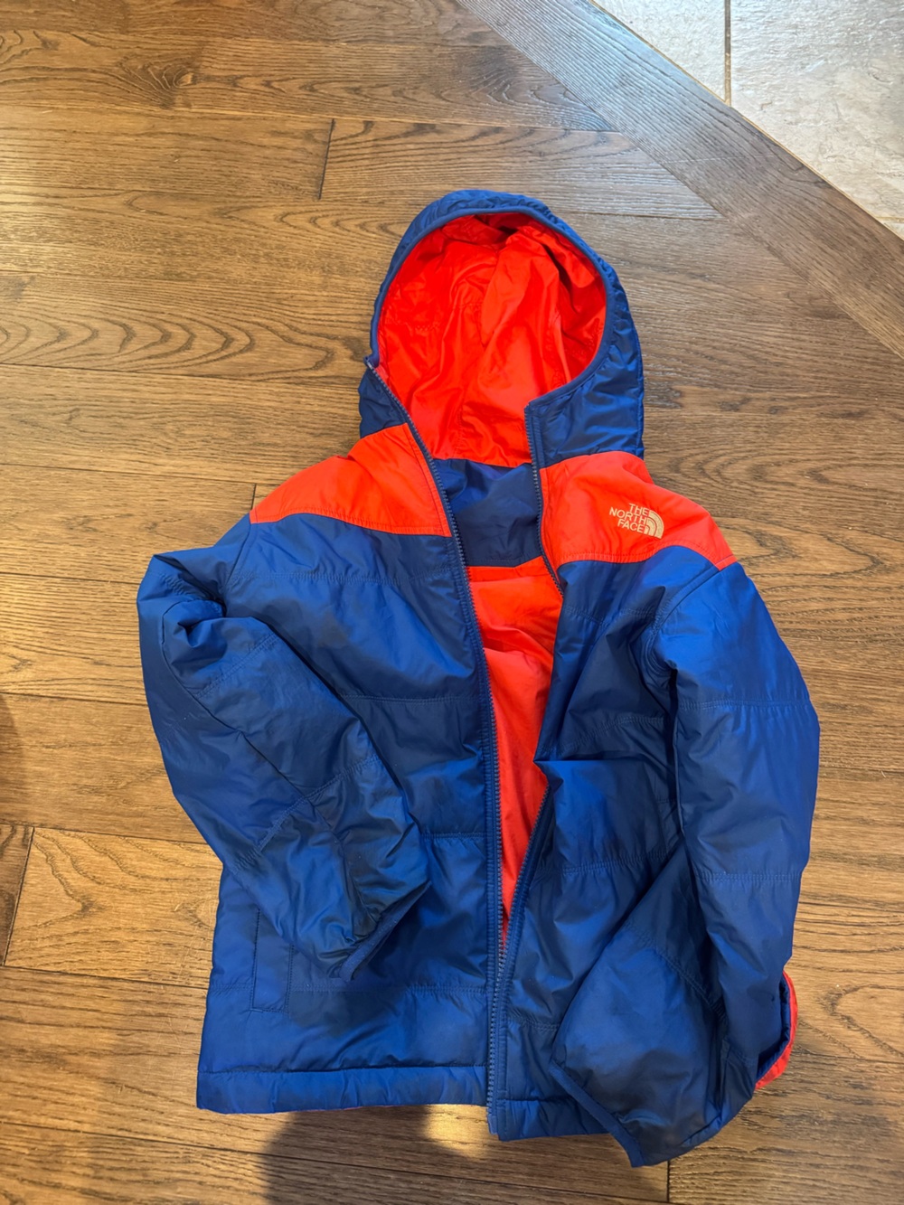 The North Face Kids Blue and Red Hooded Puffer Jacket